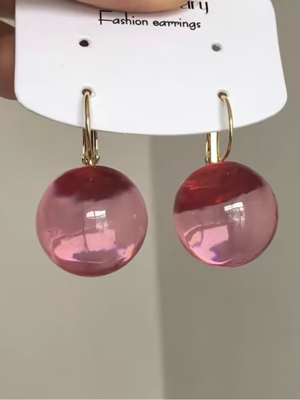New! Gold Hoop Earrings with Pink Glass Sphere Drops 🌸 (A2-75)